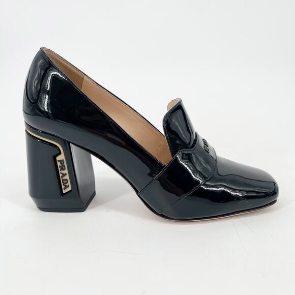 Prada Black Patent Leather Logo Heel Square Toe Loafer Pumps Women’s IT 36.5 - Picture 3 of 13